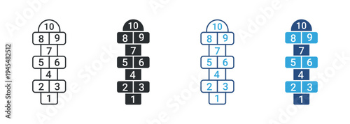 Hopscotch game icon set, playground hopscotch numbers icon. Children outdoor activity concept. Kids playground game symbol. Vector illustration.