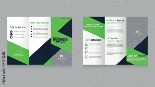 Modern Green Corporate Trifold Brochure Template with Geometric Shapes, eco business.