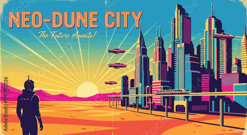 Vector illustration of futuristic Neo-Dune City landscape with skyscrapers and flying vehicles