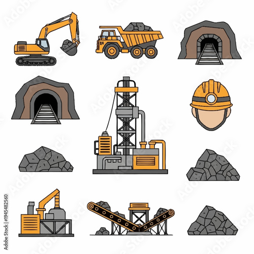 Mining industry equipment and elements set vector illustration.