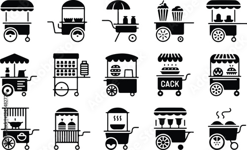 Food Cart Collection Silhouette Icon Set Street Food Cart Typography Silhouette Icon Pack