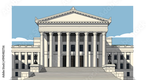 Neoclassical building, government institution, stone columns, architectural illustration