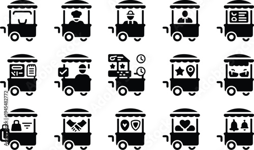 Food Cart Collection Silhouette Icon Set Street Food Cart Typography Silhouette Icon Pack