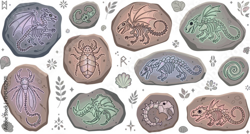 Fantasy Creature Fossil Collection with Dragons, Insects, and Mythical Beasts Preserved in Stone for Magical Paleontology Illustration