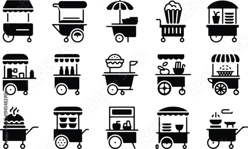Food Cart Collection Silhouette Icon Set Street Food Cart Typography Silhouette Icon Pack
