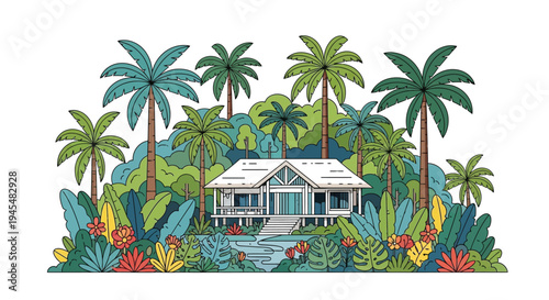 Vector illustration of a tropical house with palm trees and jungle foliage