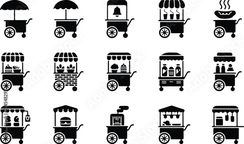 Food Cart Collection Silhouette Icon Set Street Food Cart Typography Silhouette Icon Pack