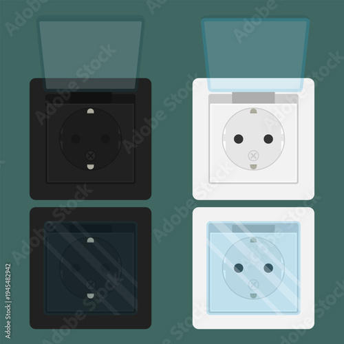 Wall outlets with protective covers. Vector illustration of single electrical wall sockets for themes involving industrial equipment, outdoor power, home workshops, and electrical safety standards
