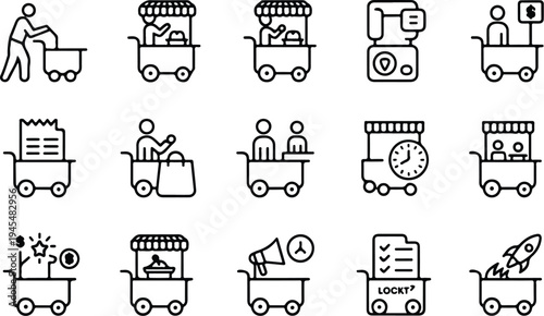 Food Cart Collection Silhouette Icon Set Street Food Cart Typography Silhouette Icon Pack