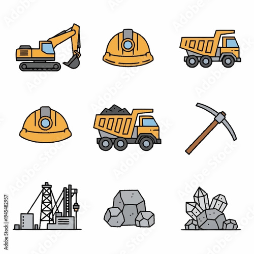 Mining industry equipment and resources set, including excavators, dump trucks, hard hats, and raw materials.
