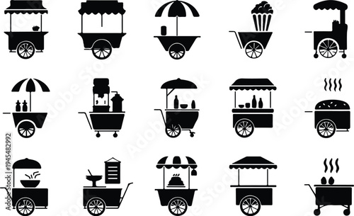 Food Cart Collection Silhouette Icon Set Street Food Cart Typography Silhouette Icon Pack