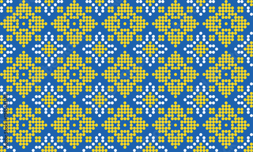 Seamless Ukrainian embroidery pattern with yellow and blue cross stitch ornament on white background. Traditional folk design inspiyellow by vyshyvanka needlework, perfect for textile, fabric