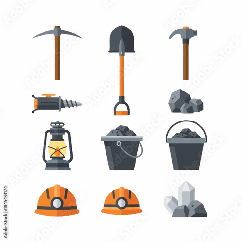 Mining tools and equipment set for excavation and exploration.