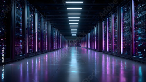 Hyper-realistic photograph of an empty futuristic subterranean data center, featuring endless rows of massive glowing black server racks.
