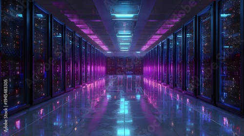 Hyper-realistic photograph of an empty futuristic subterranean data center, featuring endless rows of massive glowing black server racks.