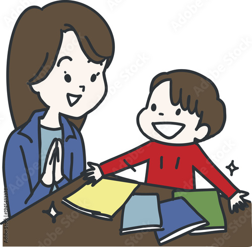 お母さんに新しい教科書を見せる子供