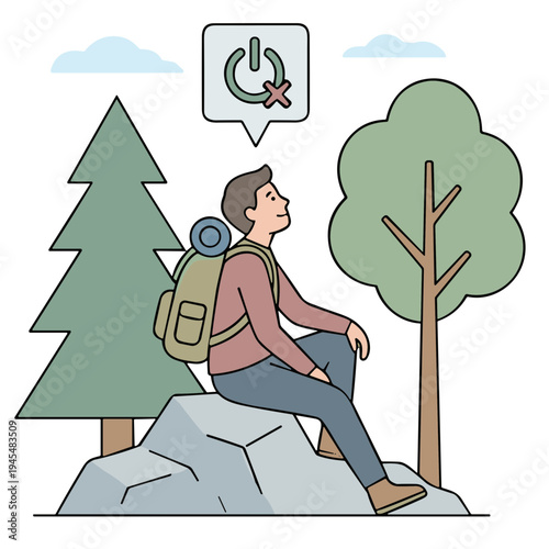 Man sitting on rocky outcrop thinking near trees with backpack on