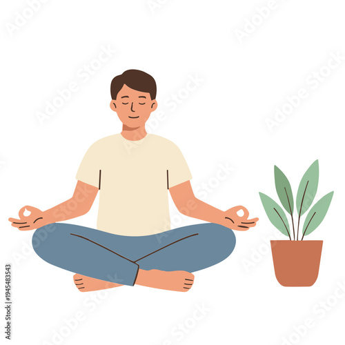 A man meditates peacefully outdoors with a plant beside him.