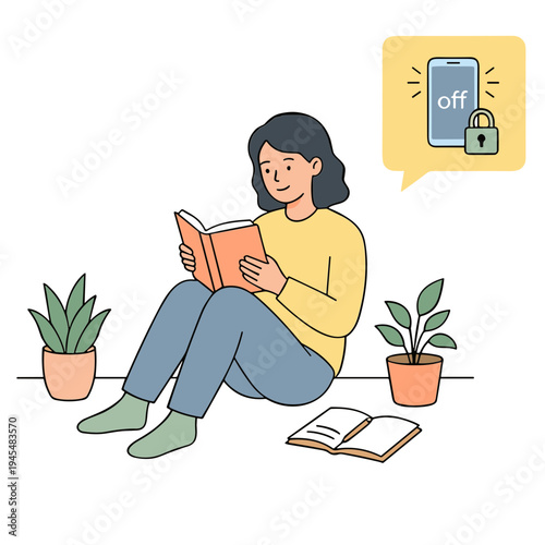 Woman sits on floor reading book with plants nearby and phone off