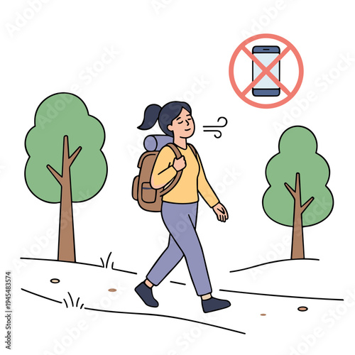 Woman walks on path with trees and backpack under no littering sign