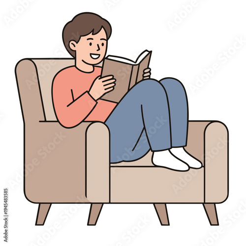 A person reading book sitting on chair in relaxed posture smiling