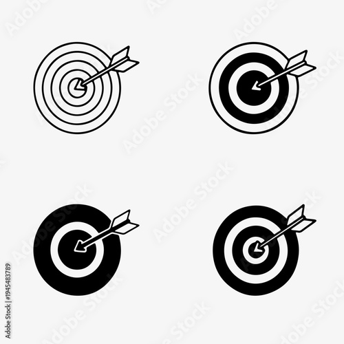 Business goal target icons with arrow hitting center in various style