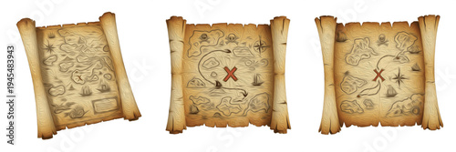 Set of old vintage treasure maps on paper scrolls with pirate routes and cross marks isolated on white background transparent png