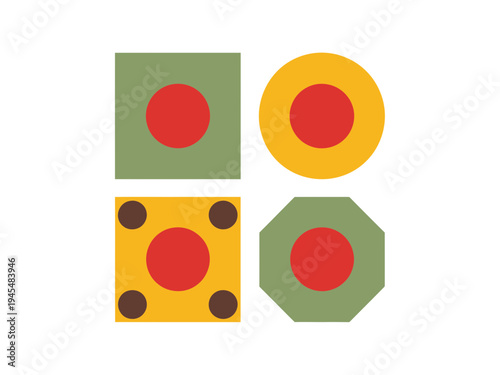 A set of colorful geometric shapes with red centers and various borders