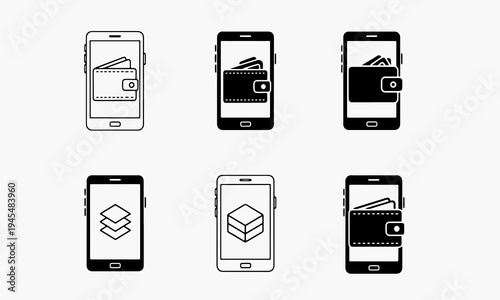 Mobile wallet outline icon with money and cards phone app outline icon