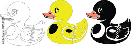rubber duck with  cracked surface on white. rubber duck in black yellow and outline shape set.