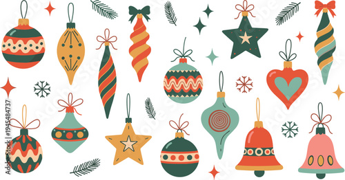Christmas tree ornaments collection with baubles star bell heart decorations festive winter holiday cartoon vector illustration set