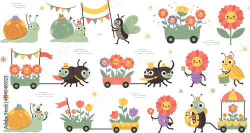 Cute Garden Bugs Festival Parade Cartoon Set with Snails, Beetles, Bees, Flower Carts, and Spring Celebration Characters for Kids Illustration