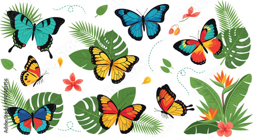 Tropical butterflies and jungle leaves vector set with colorful exotic insects, palm foliage, flowers, and summer nature illustration elements