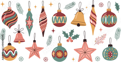 Christmas tree ornaments collection with festive baubles stars bells holly leaves and winter holiday decorations vector illustration set