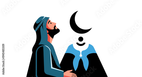 People in Prayer Under Crescent Moon and Starry Night. Vector Illustrations. EPS Editable