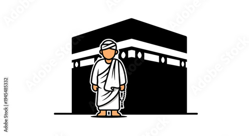 Pilgrim near Sacred Shrine with Traditional Robe at Holy Site. Vector Illustrations. EPS Editable