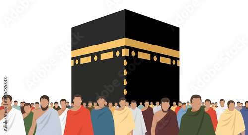 Pilgrims Gather Around the Kaaba at Sacred Mosque. Vector Illustrations. EPS Editable