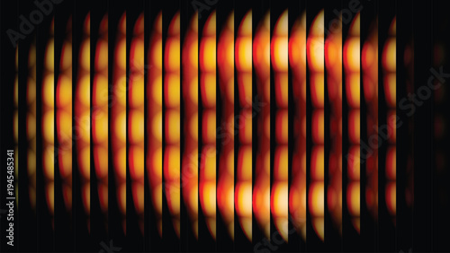 Abstract orange glowing ribbed glass background with vertical light stripes and fiery gradient waves on dark surface, futuristic technology digital wallpaper for banner and presentation