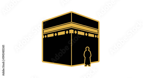 Pilgrims Near the Kaaba Sacred Shrine and Mecca Silhouette. Vector Illustrations. EPS Editable