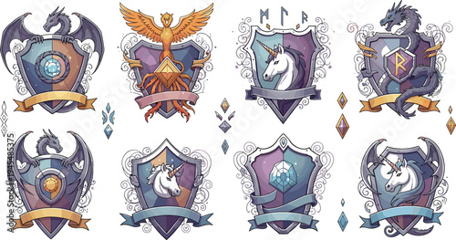 Fantasy Heraldic Shield Emblems with Dragons, Unicorns, Phoenix, Magical Crystals, and Medieval Crest Elements for Mythical Game Logo Design