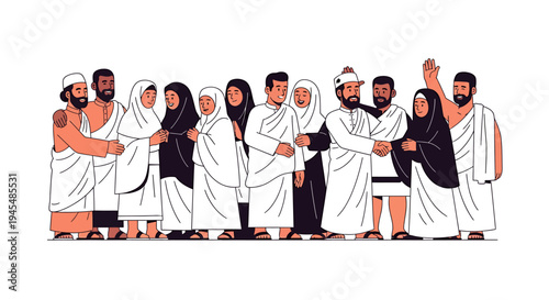 Group of People in Traditional Robes Sharing Handshake and Conversation. Vector Illustrations. EPS Editable