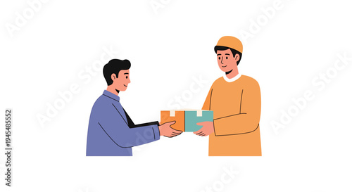 Handover of Package Between Delivery Person and Recipient. Vector Illustrations. EPS Editable
