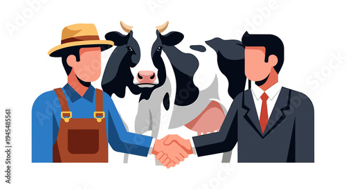 Handshake Between Farmer and Businessman in Rural Dairy Scene. Vector Illustrations. EPS Editable