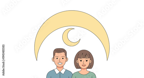 Happy Modern Couple Under Crescent Moon Illustration. Vector Illustrations. EPS Editable