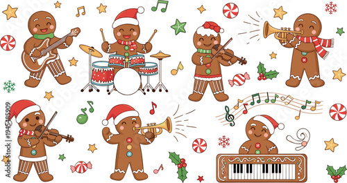 Christmas gingerbread band vector set with cute cookie musicians playing guitar, drums, violin, trumpet, and piano festive holiday characters