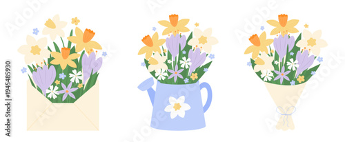 Set of beautiful spring bouquet. Vector creative bouquets with spring hand-drawn wildflowers: crocuses, daisies, narcissus. Seasonal decorative elements for ads, branding, cover, card.