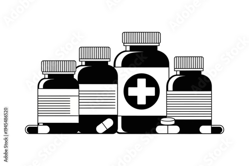 Black and white illustration of medicine bottles and pills on white background