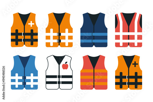 Collection of various colorful life vests for safety and rescue  many designs