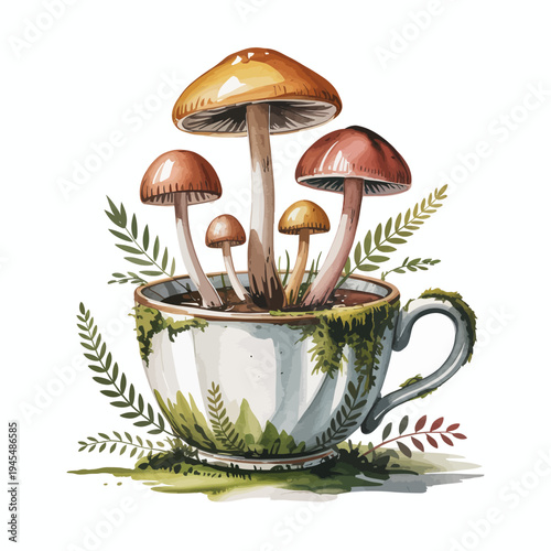 Mushrooms growing in a teacup with leaves on white background