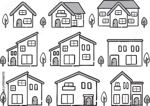 いろんな家のイラストセット　ベクター（モノクロ）